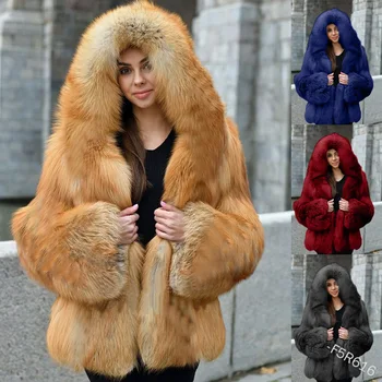 Дамско палто миди от лисьего кожа с качулка за по-големи размери