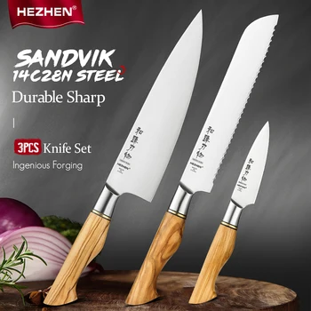 Набор от ножове HEZHEN от 3 теми Sanivik Steel готвач от неръждаема стомана за почистване на хляб, кухненски нож за месо, остър кухненски нож