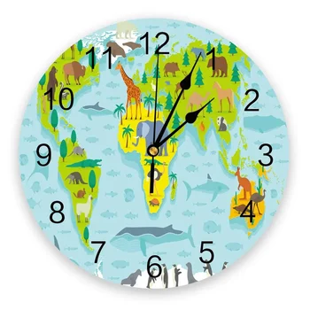 Карта на животни Карикатура Морето Безводие, Стенни часовници с Модерен дизайн Декорация на всекидневна Кухненски часовник, Без Звук Стенни часовници Домашен интериор