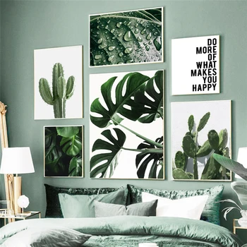 Зелени листа от тропически растения, боядисване с кактусом, платно, стенно изкуство, свеж плакат и принт за модерният домашен интериор дневна